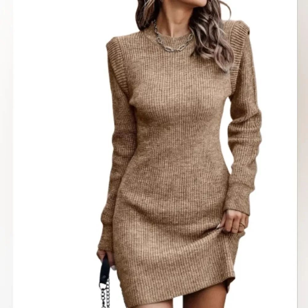 Ribbed Knit Bodycon Sweater Dress Stretchy Gold Tan Knit sz Small